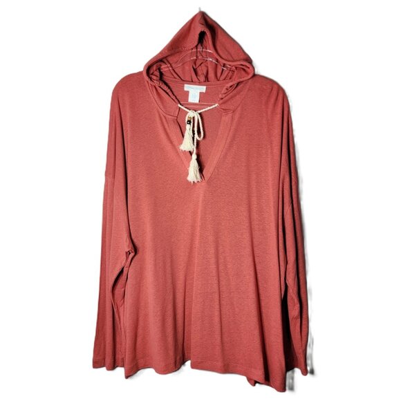 Cynthia Rowley Linen Top Plus Size 3X Hooded Tassel Long Sleeve Relaxed Pink - Picture 1 of 6